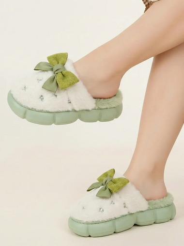 Heleey Mint Cloud Bow Plush Slippers