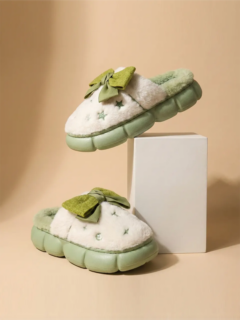 Heleey Mint Cloud Bow Plush Slippers