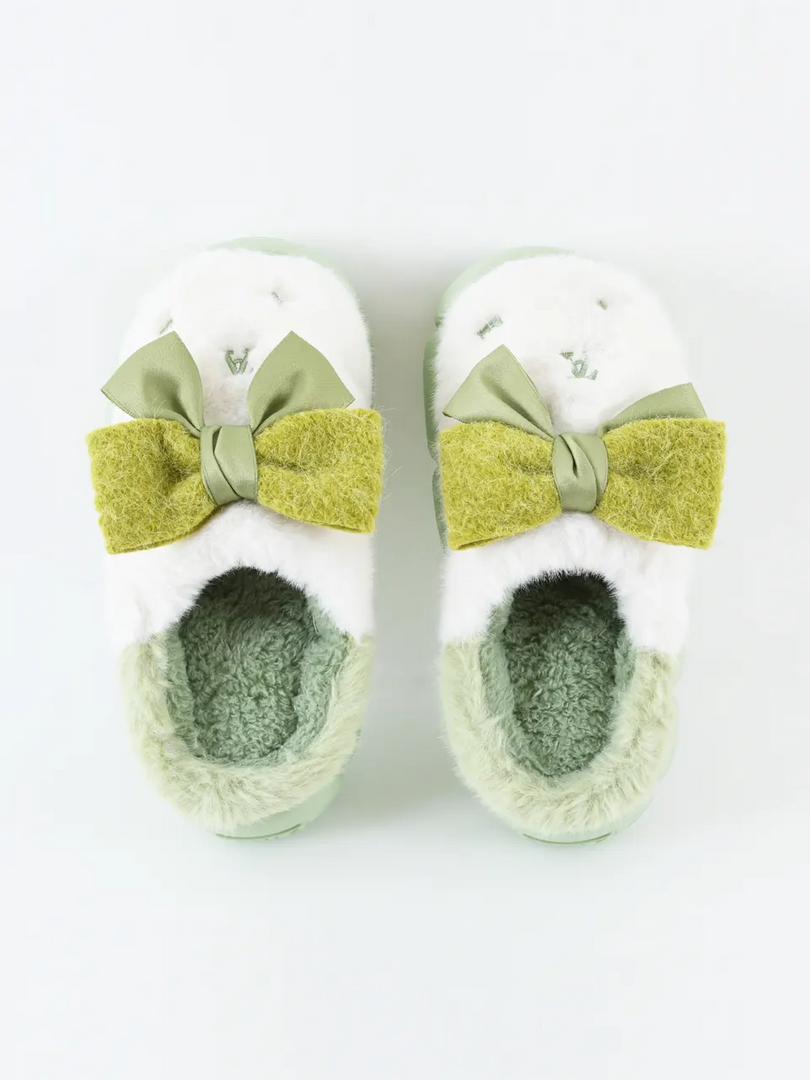 Heleey Mint Cloud Bow Plush Slippers