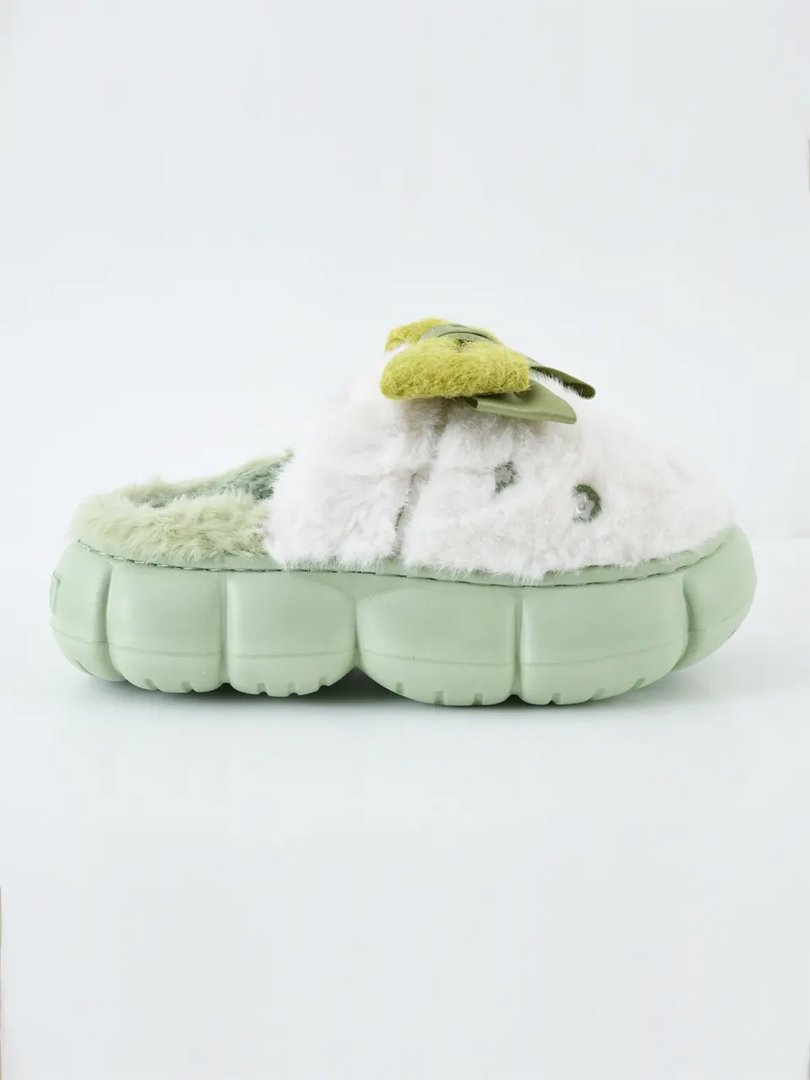 Heleey Mint Cloud Bow Plush Slippers