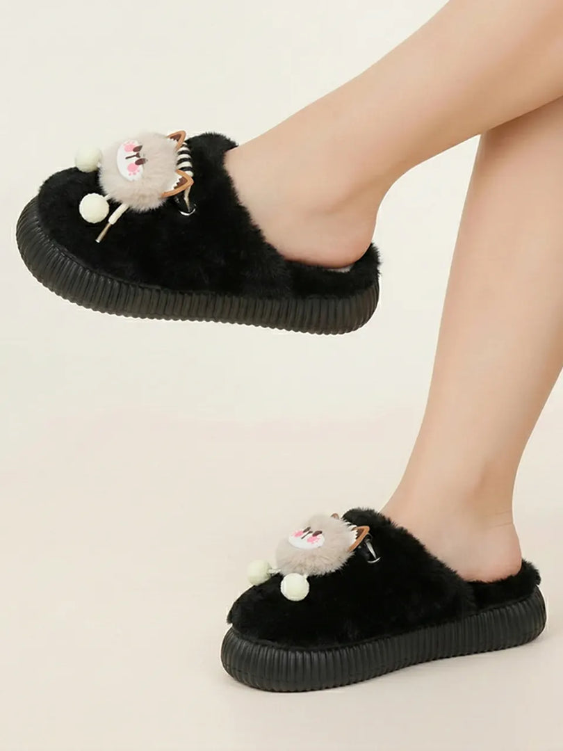 Heleey Black Cozy Kitty Plush Slippers