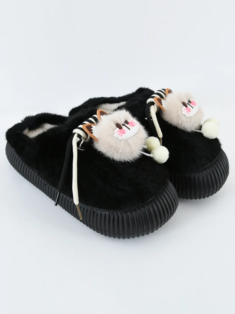Heleey Black Cozy Kitty Plush Slippers