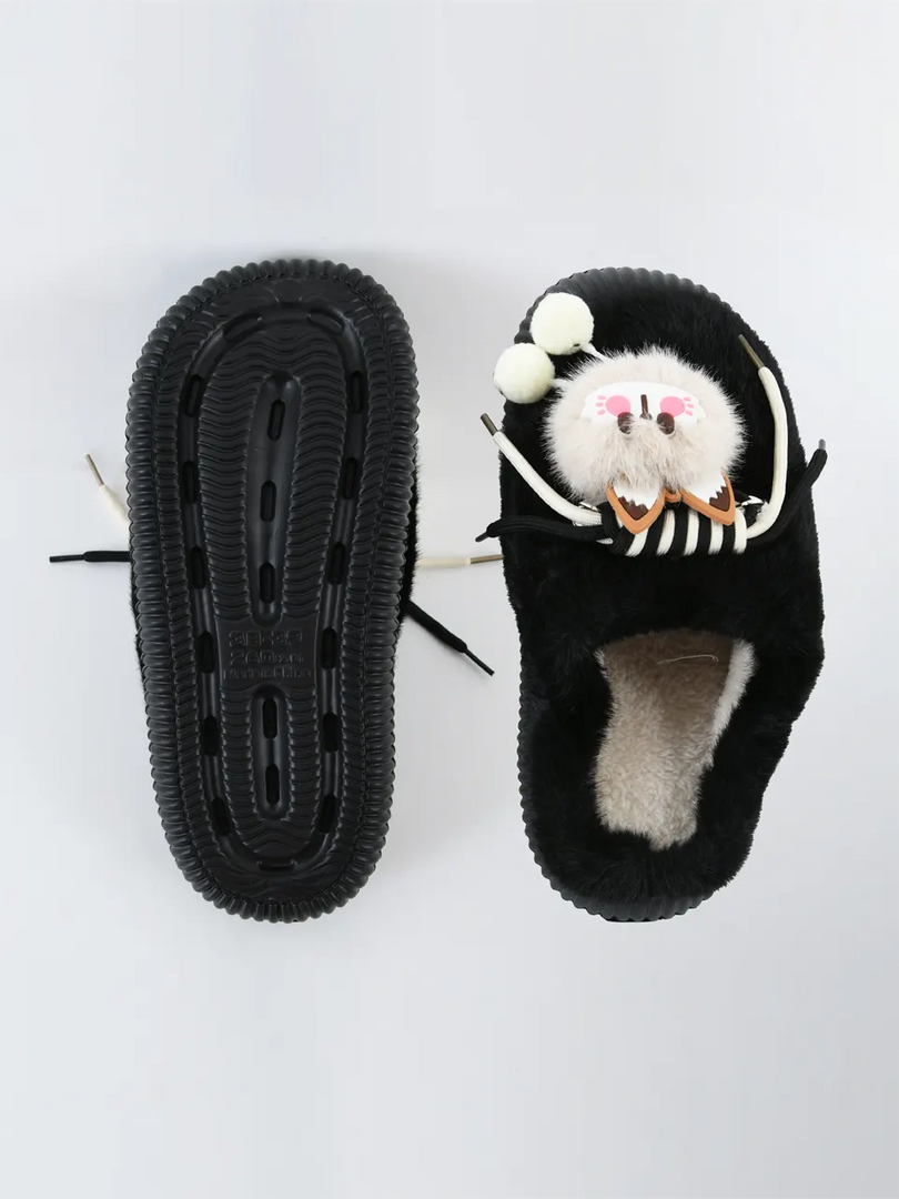 Heleey Black Cozy Kitty Plush Slippers