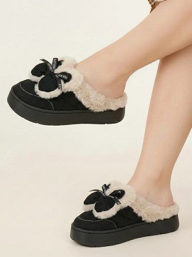Heleey Elegant Black Bow Fur Slippers