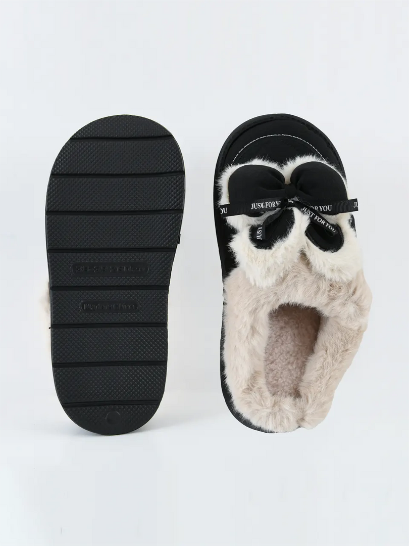 Heleey Elegant Black Bow Fur Slippers