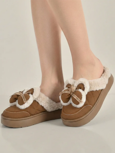 Heleey Warm Bow Plush Winter Slippers