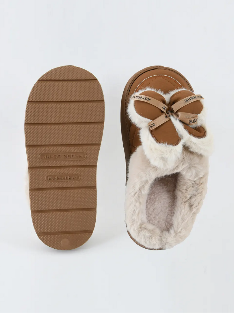 Heleey Warm Bow Plush Winter Slippers