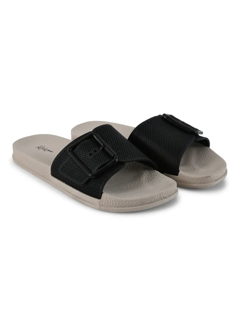 Heleey Black Textured Rubber Sliders With Buckle
