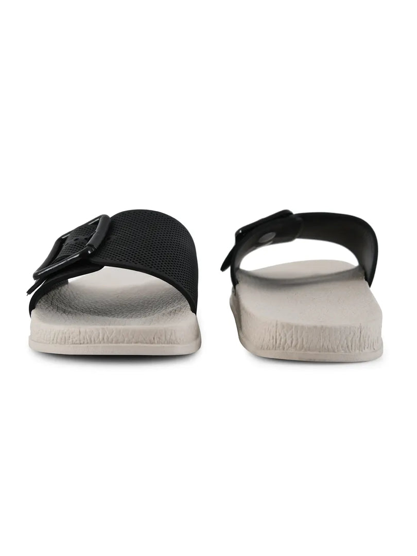 Heleey Black Textured Rubber Sliders With Buckle