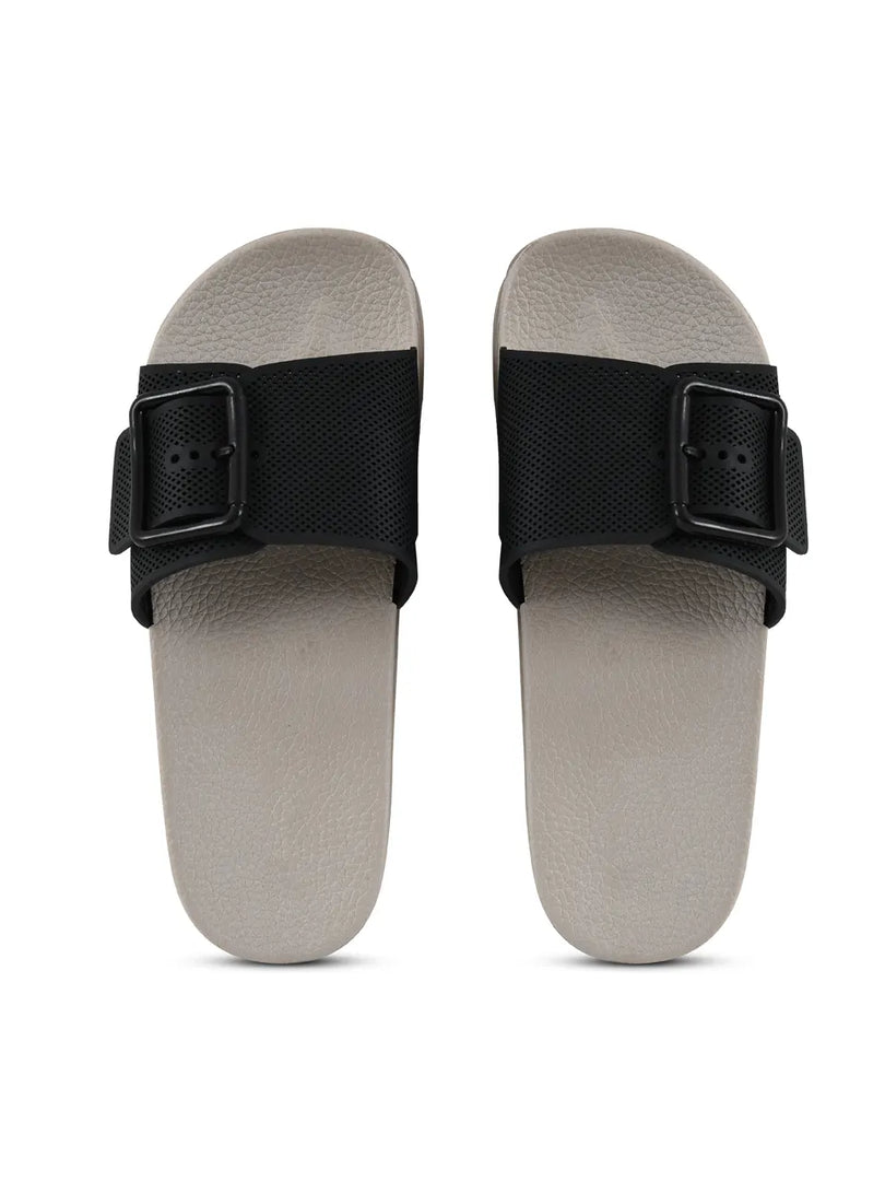 Heleey Black Textured Rubber Sliders With Buckle